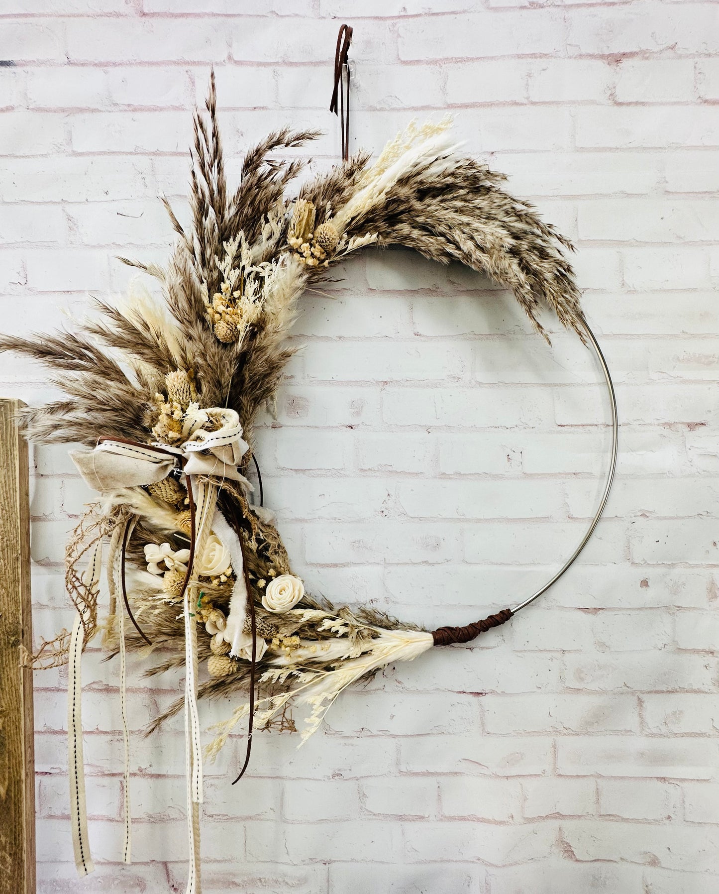 Boho pampas grass metal ring wreath