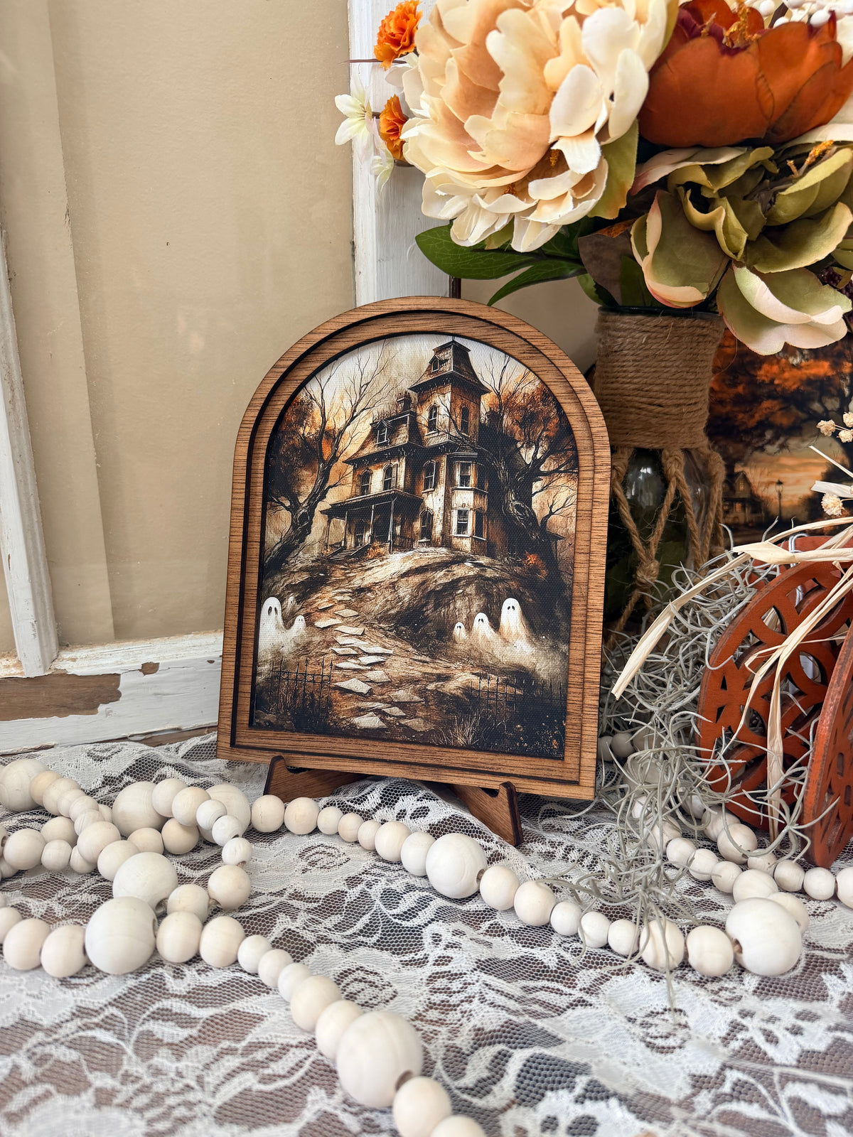 Wooden Arch Framed Halloween Haunted House Canvas Home Accent Decor