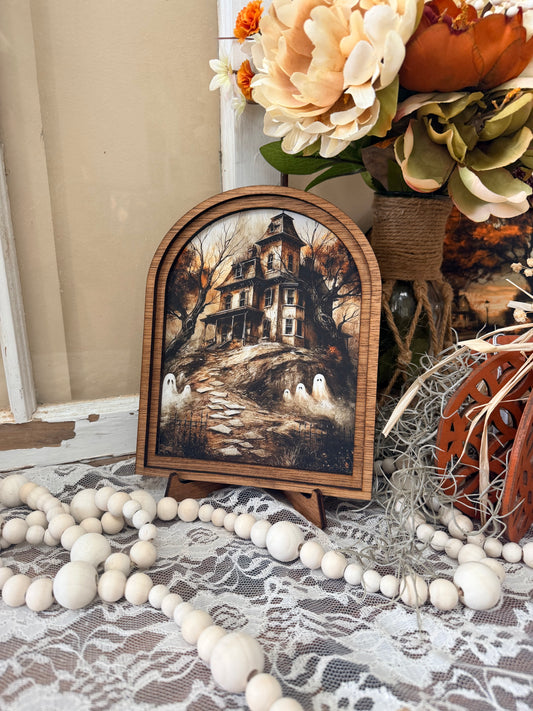 Wooden Arch Framed Halloween Haunted House Canvas Home Accent Decor