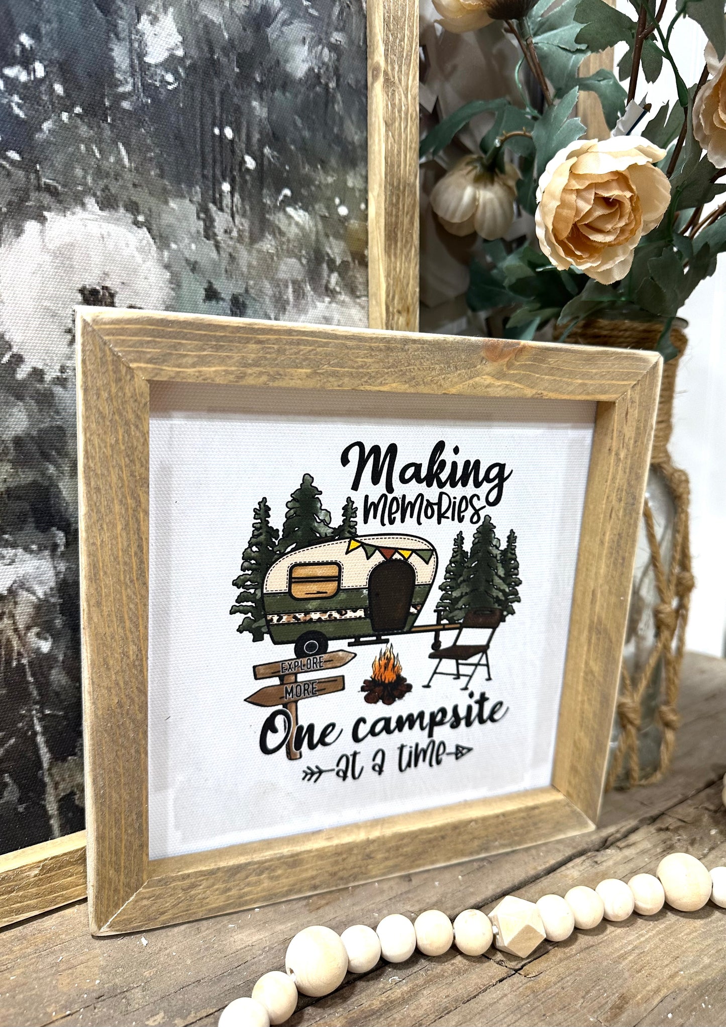 Camping mini canvas framed sign