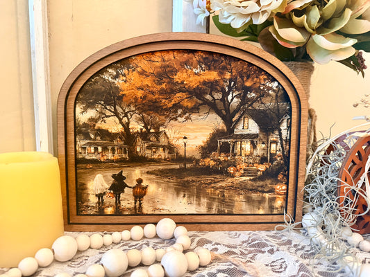 Wooden Arch Framed Halloween Trick or Treat Town Canvas Home Accent Decor