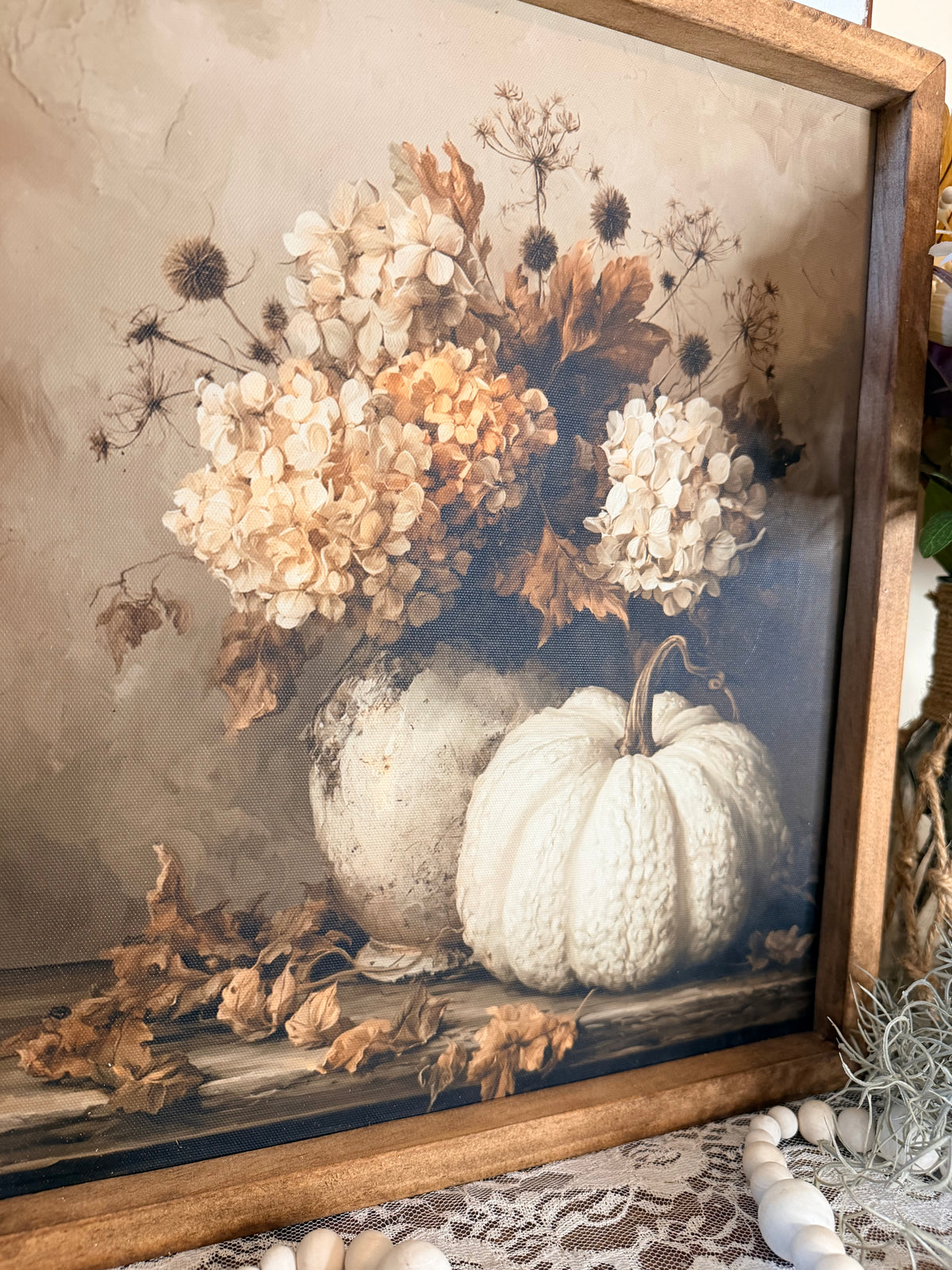 Handmade Wood Framed Fall Botanical Canvas Wall Art | Vintage Autumn Floral & Pumpkin Farmhouse Decor