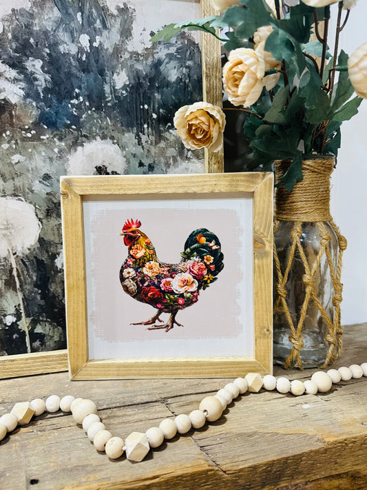 Floral chicken framed canvas sign