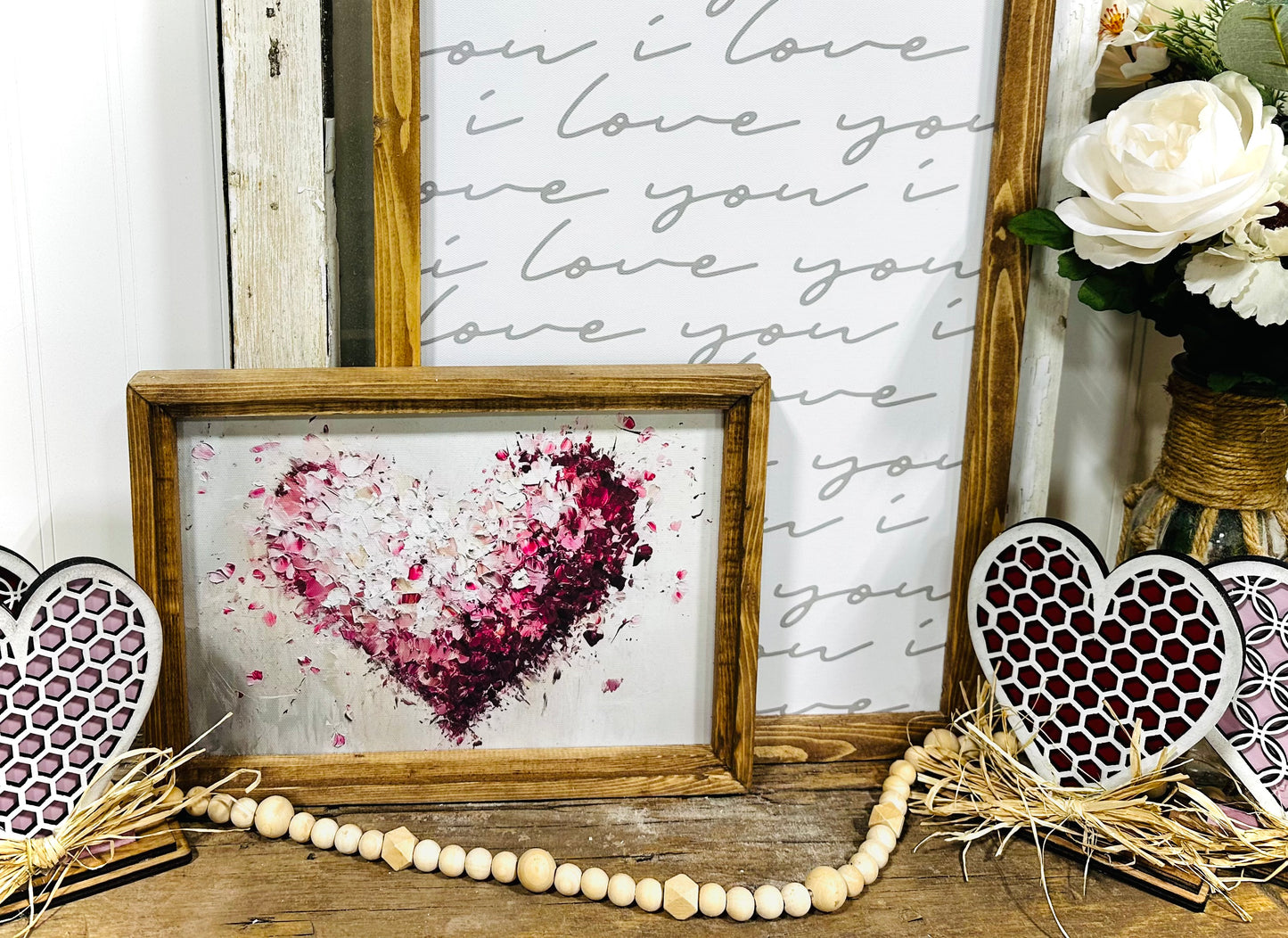 Valentines Inspired Antique heart wood framed canvas print