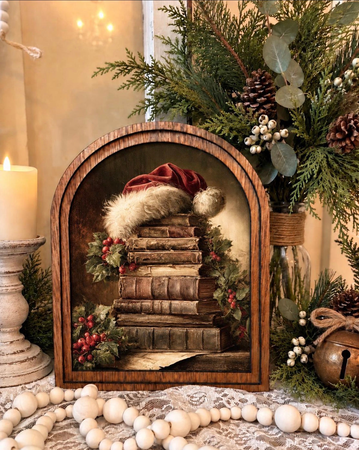 Vintage Santa Bookish Wood Framed Canvas Art