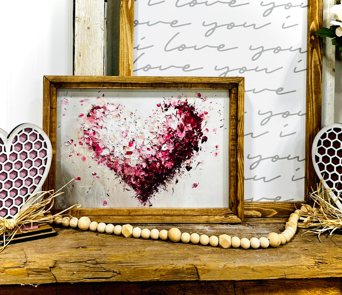 Valentines Inspired Antique heart wood framed canvas print