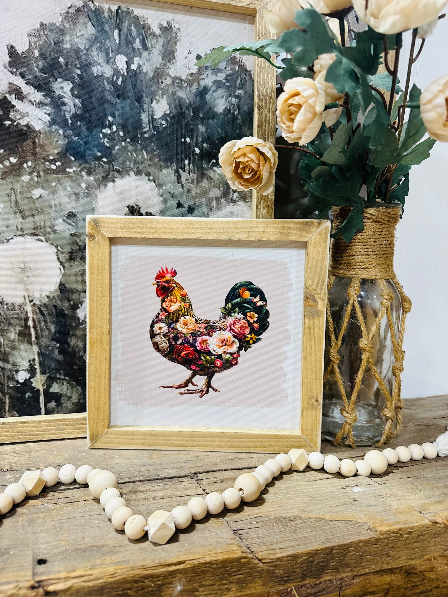 Floral chicken framed canvas sign