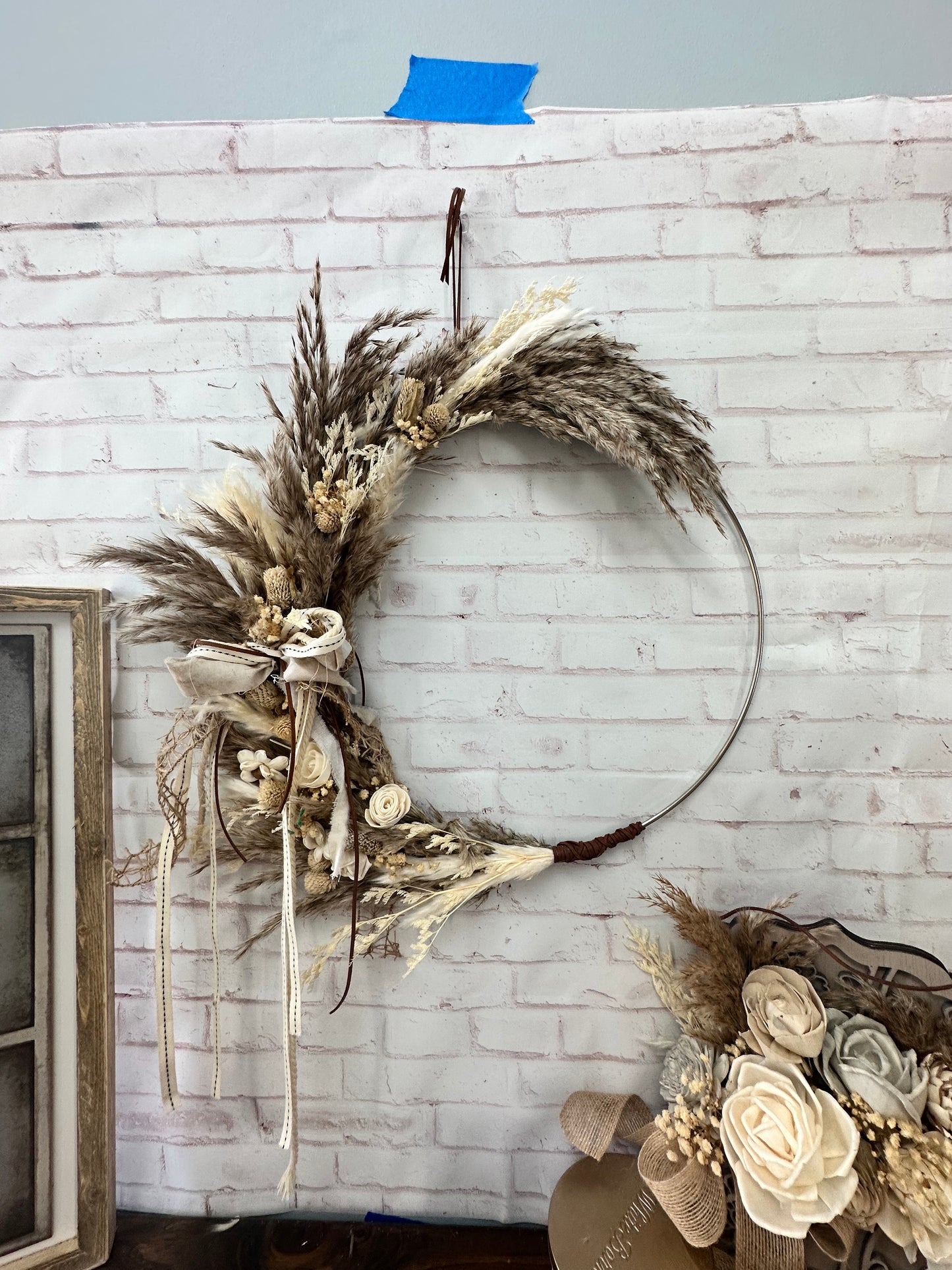 Boho pampas grass metal ring wreath