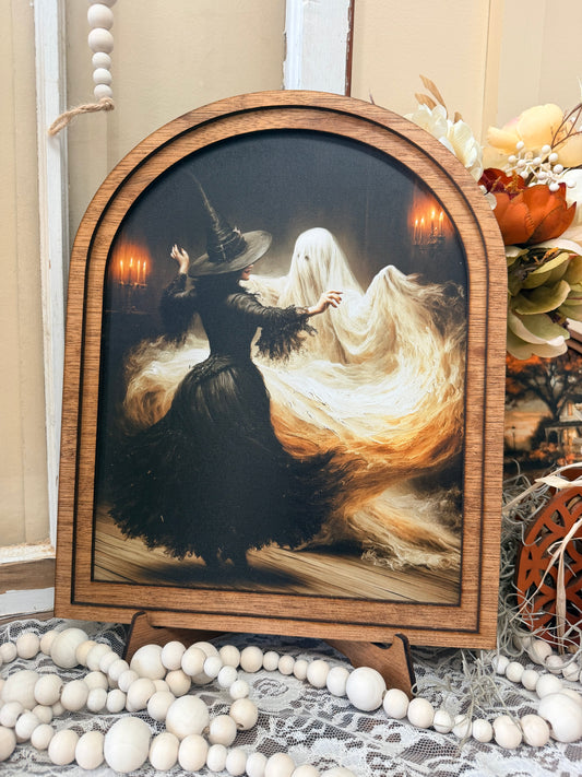 Wooden Arch Framed Halloween Dancing Witch and Ghost Canvas Home Accent