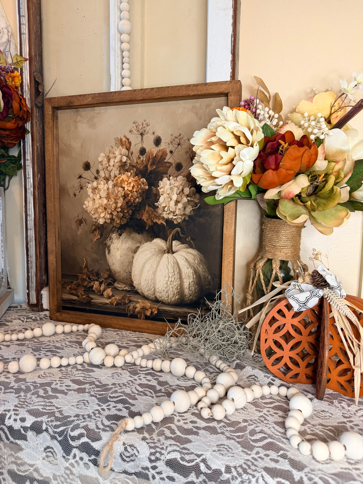 Handmade Wood Framed Fall Botanical Canvas Wall Art | Vintage Autumn Floral & Pumpkin Farmhouse Decor