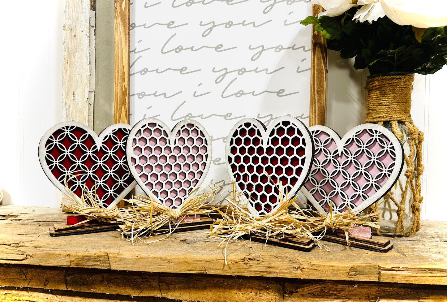 Decorative Wood hearts mantle decor