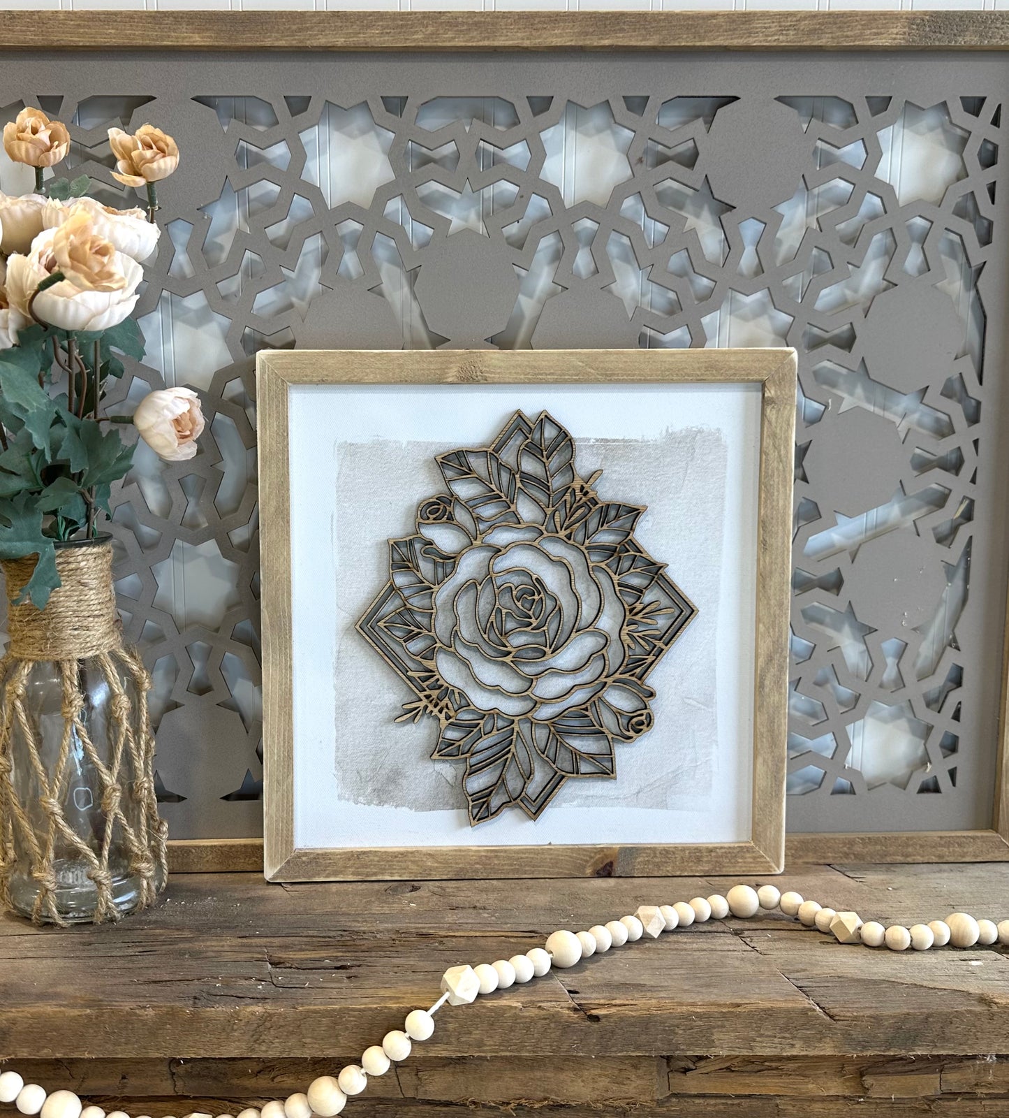 3D boho floral diamond wood framed canvas wall art