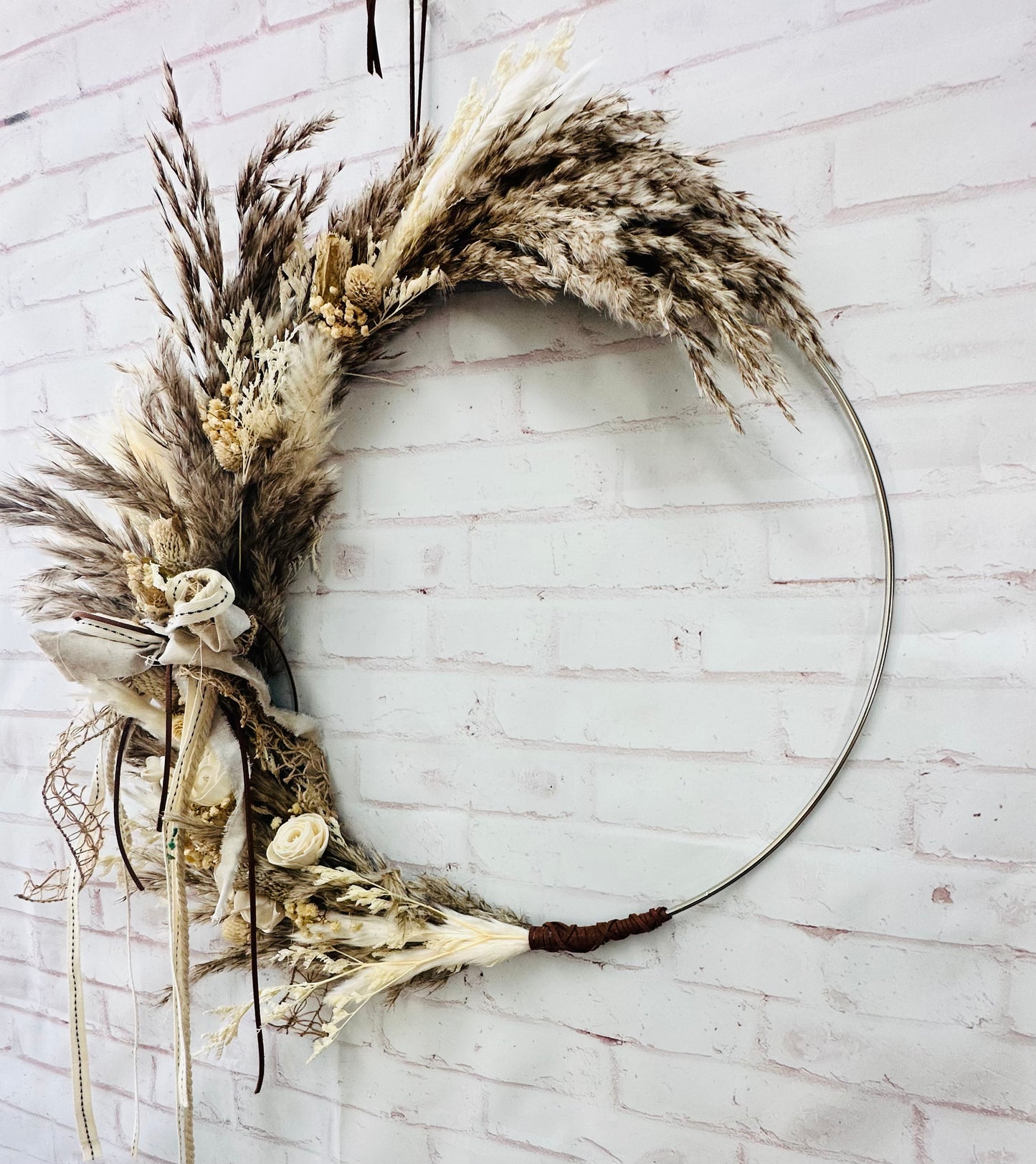 Boho pampas grass metal ring wreath