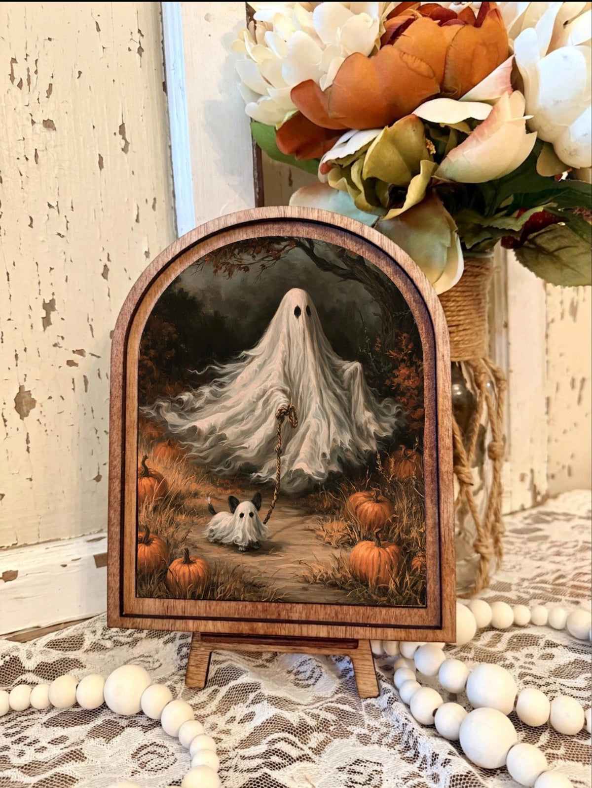 Wooden Arch Framed Halloween Ghost Dog Canvas Home Decor Accent