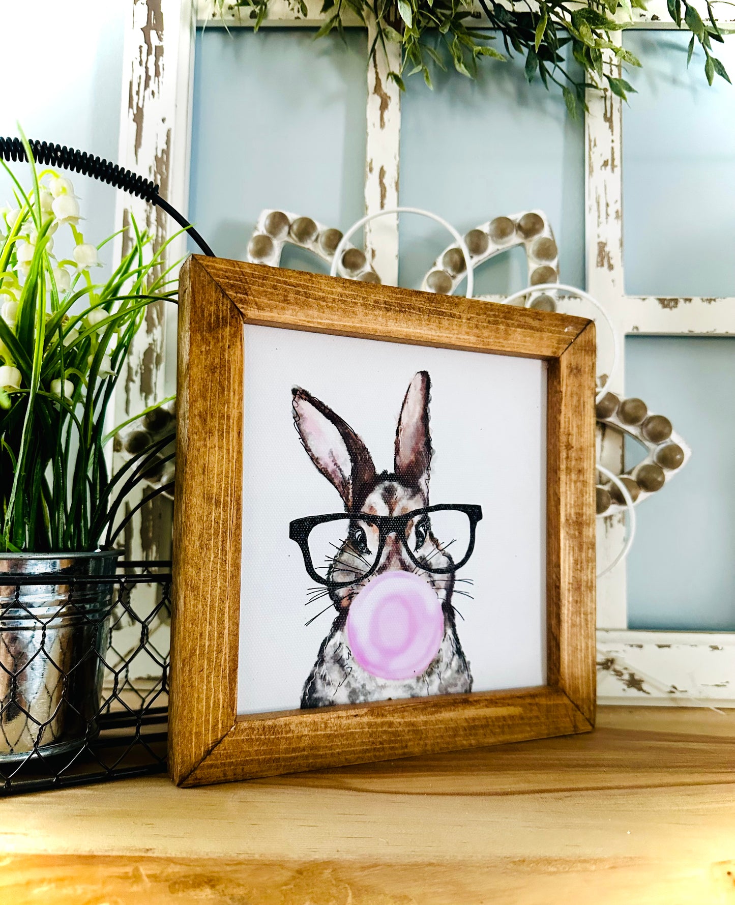 Whimsical Easter bunny bubble gum mini wood framed canvas print