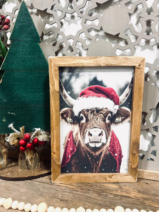 Christmas highland cow wood framed canvas print