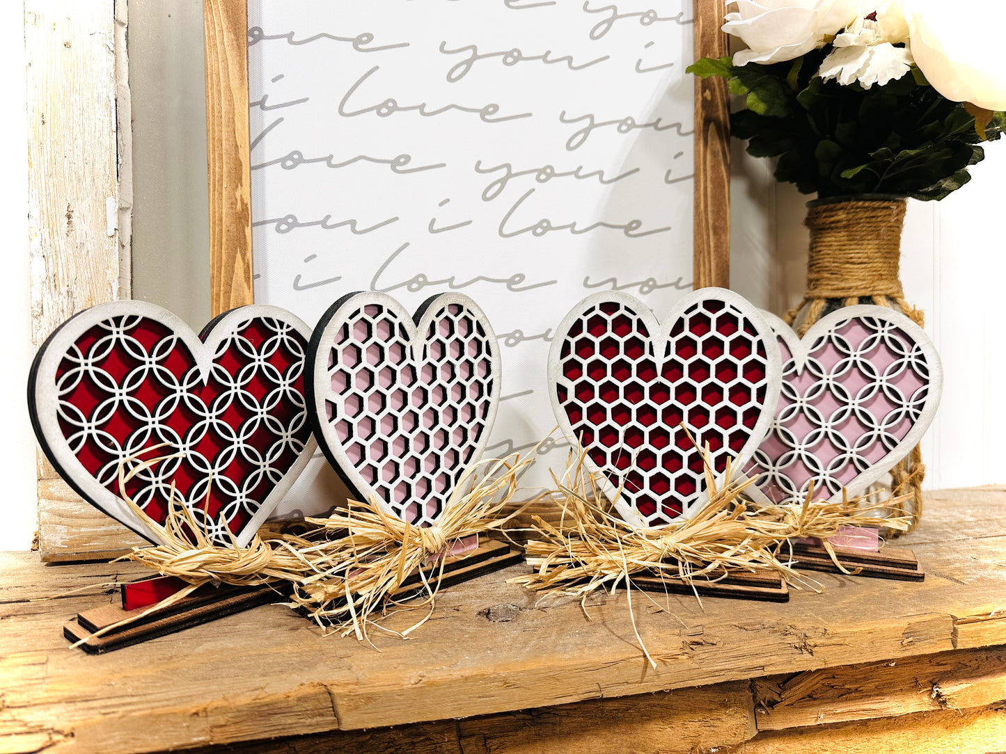 Decorative Wood hearts mantle decor