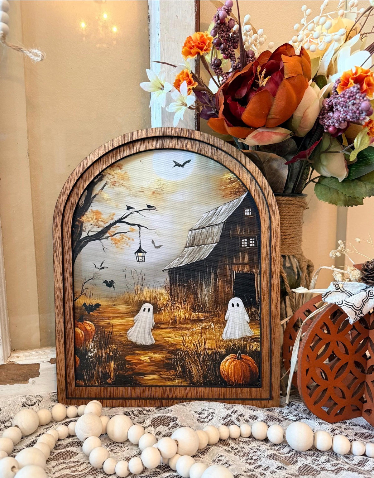 Wooden Arch Framed Halloween Haunted Barn Canvas Home Accent Decor
