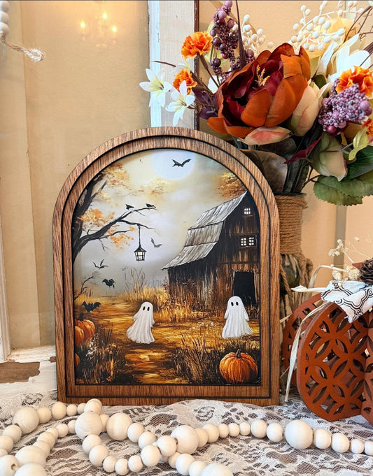Wooden Arch Framed Halloween Haunted Barn Canvas Home Accent Decor