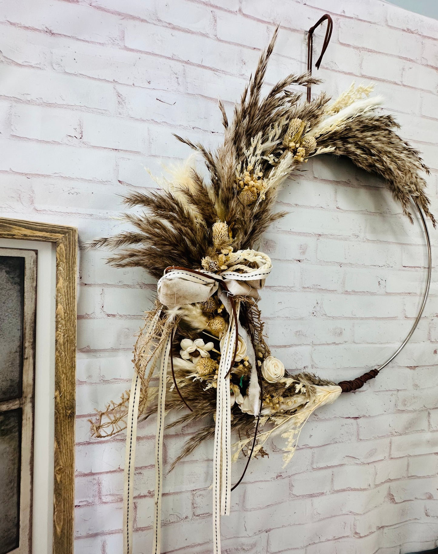 Boho pampas grass metal ring wreath