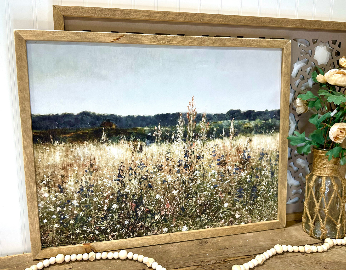 Watercolor vintage field wood framed canvas print