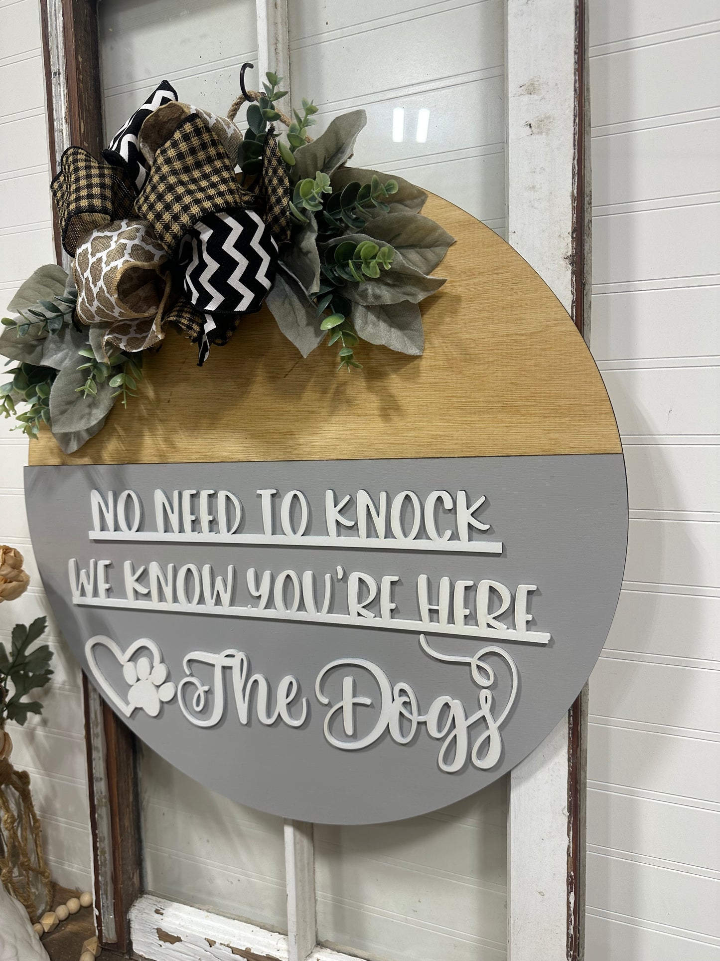 No need to knock wood doggy door wreath