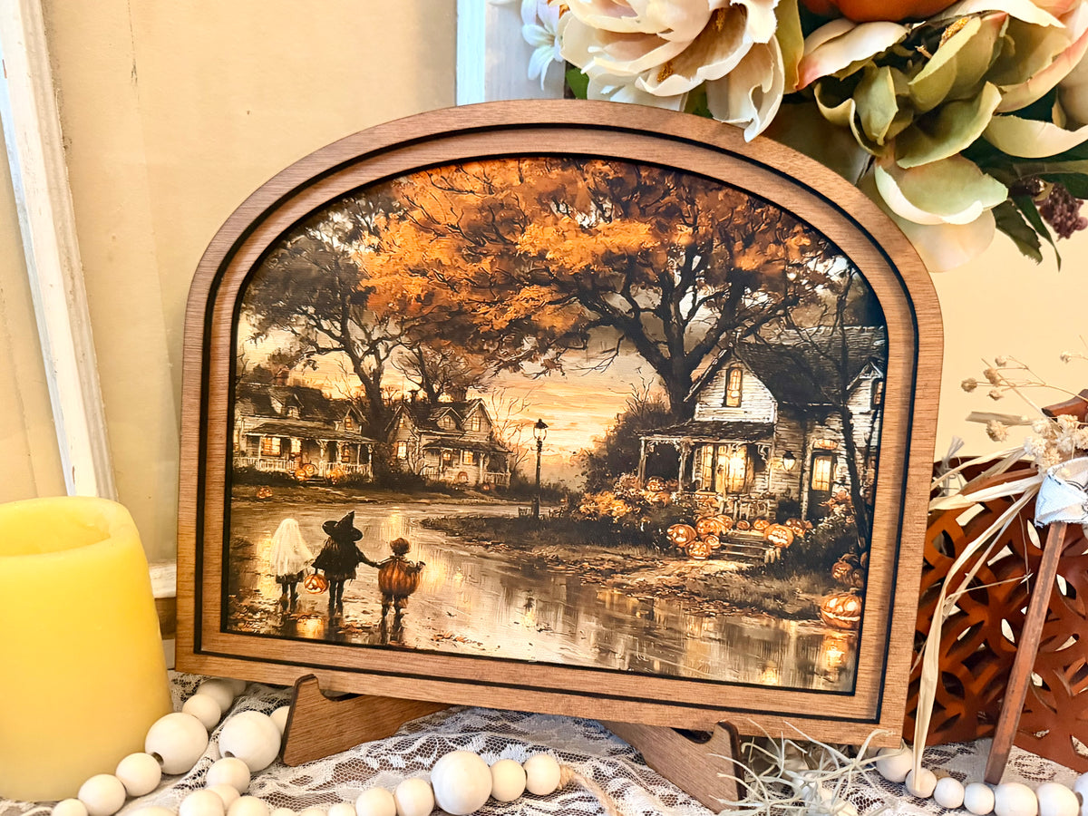 Wooden Arch Framed Halloween Trick or Treat Town Canvas Home Accent Decor
