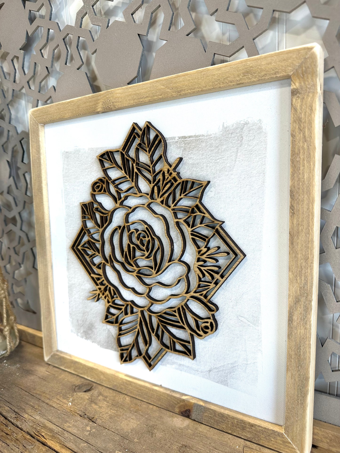 3D boho floral diamond wood framed canvas wall art