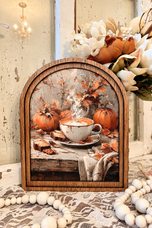 Wooden Arch Framed Autumn Pumpkin Spice Coffee Bar Canvas Home Decor Accent