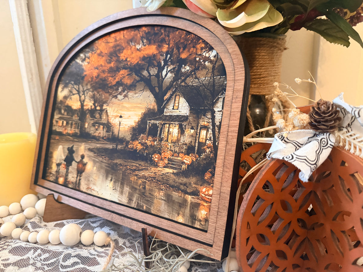 Wooden Arch Framed Halloween Trick or Treat Town Canvas Home Accent Decor