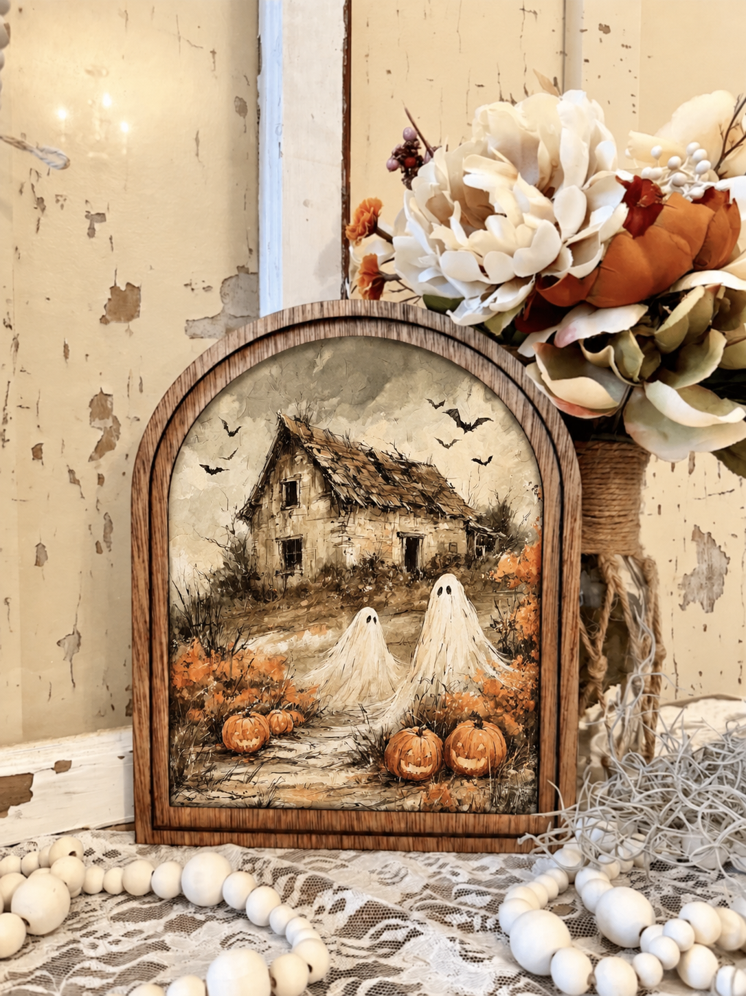 Wooden Arch Framed Halloween Ghost Country Farmhouse Canvas Home Decor Accent