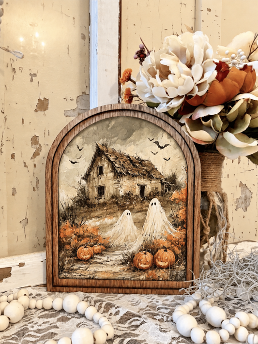 Wooden Arch Framed Halloween Ghost Country Farmhouse Canvas Home Decor Accent