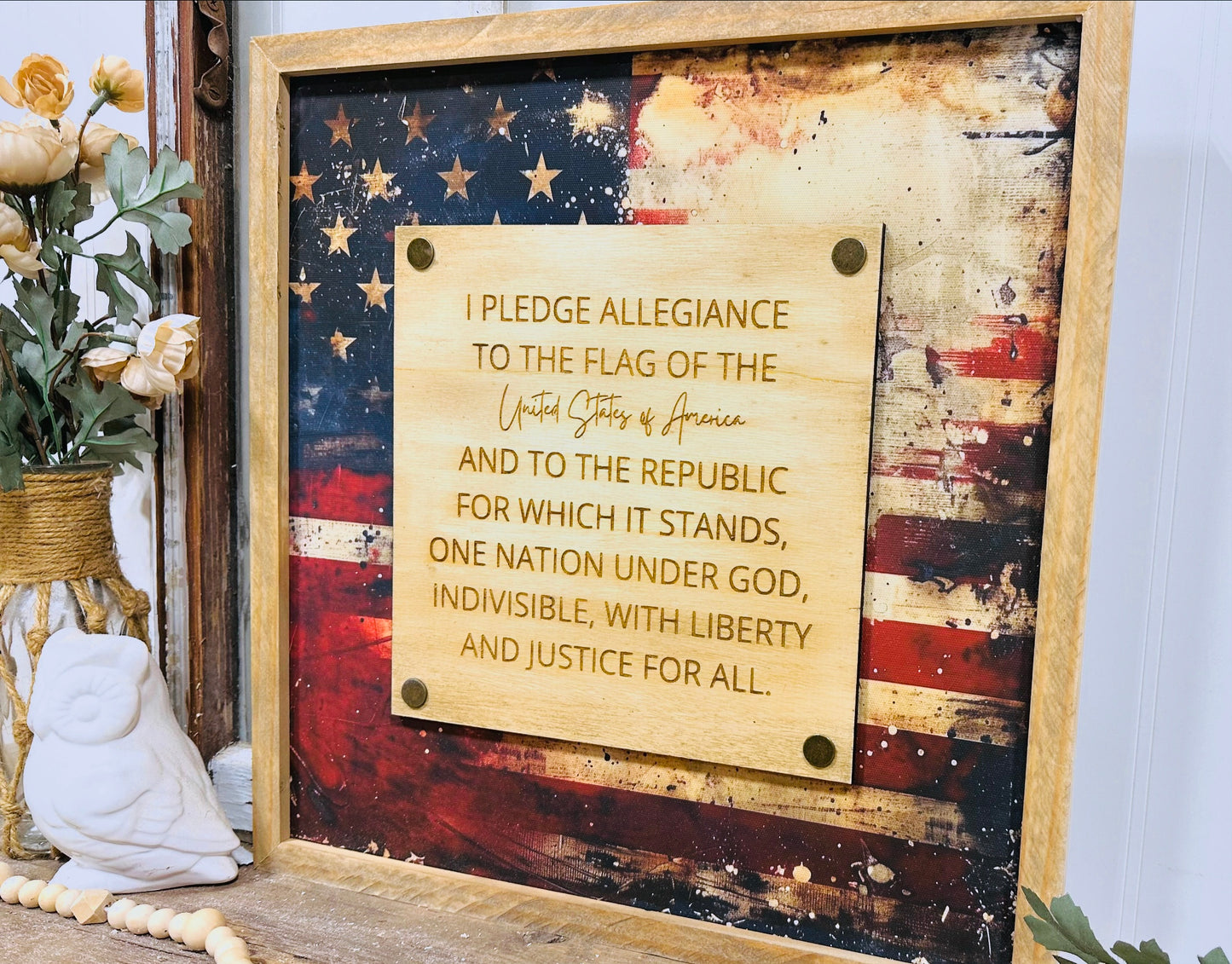 I Pledge of Allegiance distressed American flag framed canvas sign