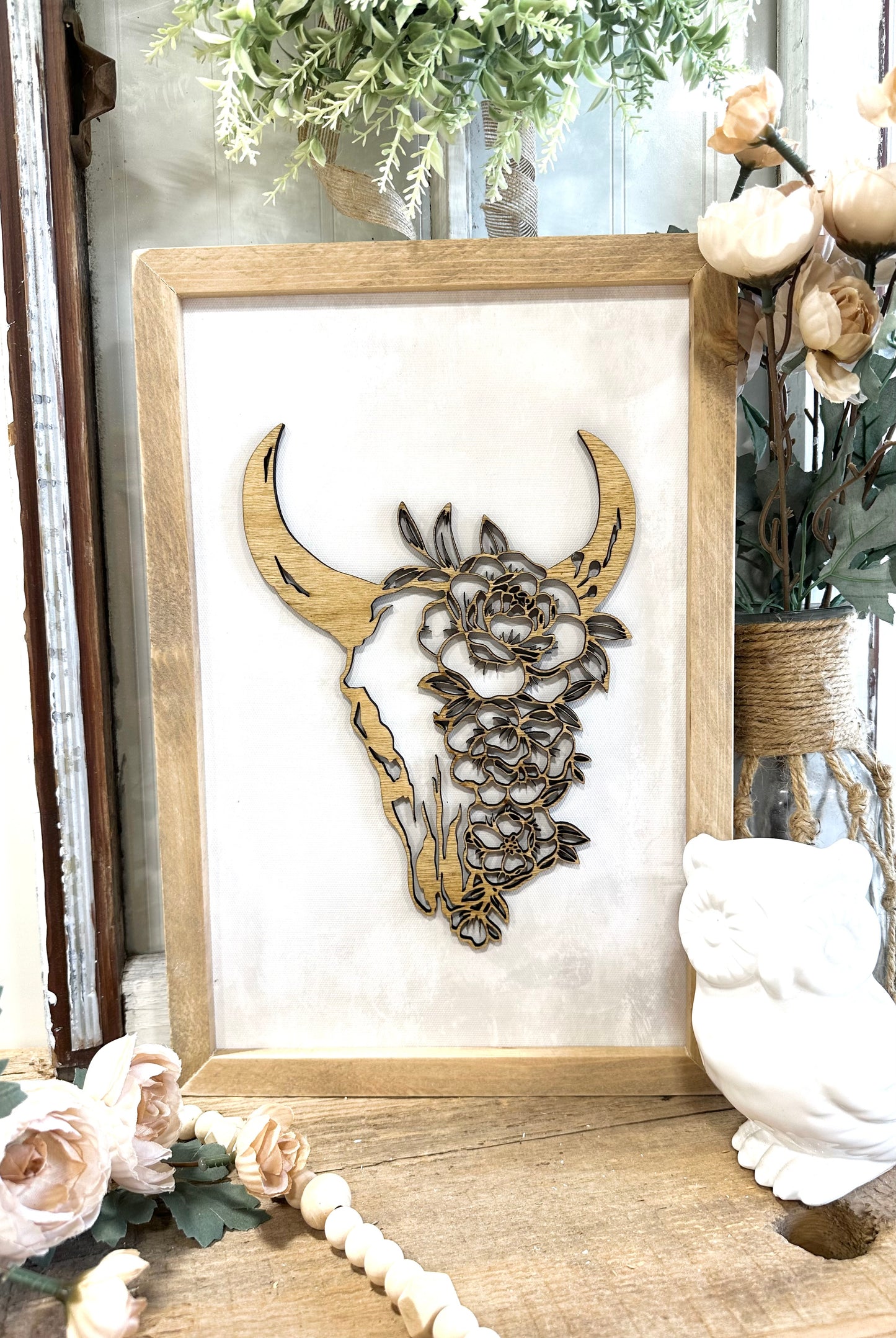 Floral bull skull wooden framed sign