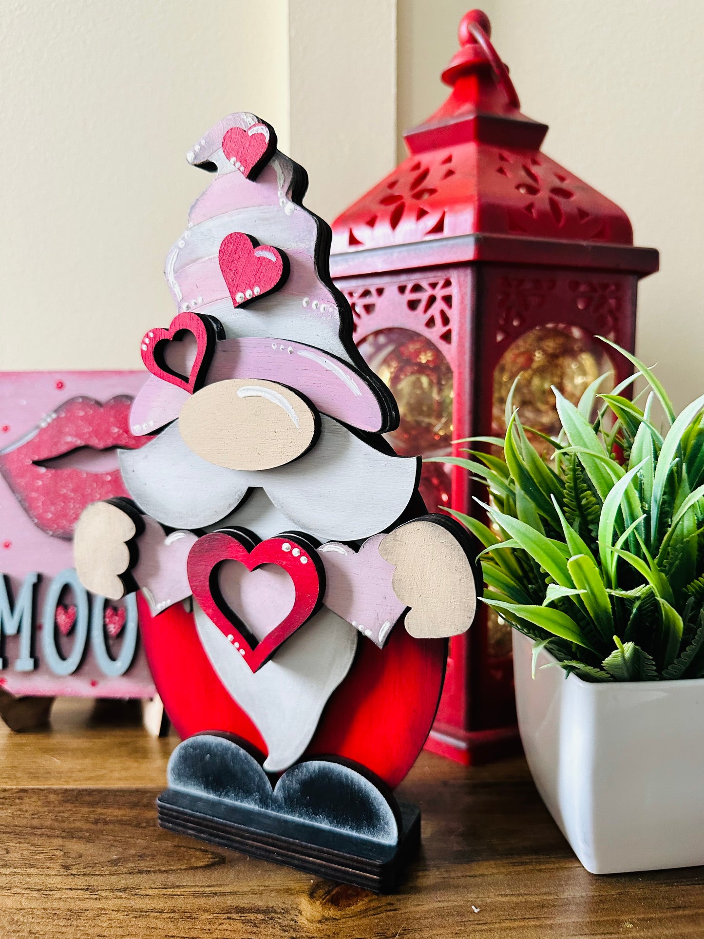 Hand painted wooden Valentine’s Day gnome