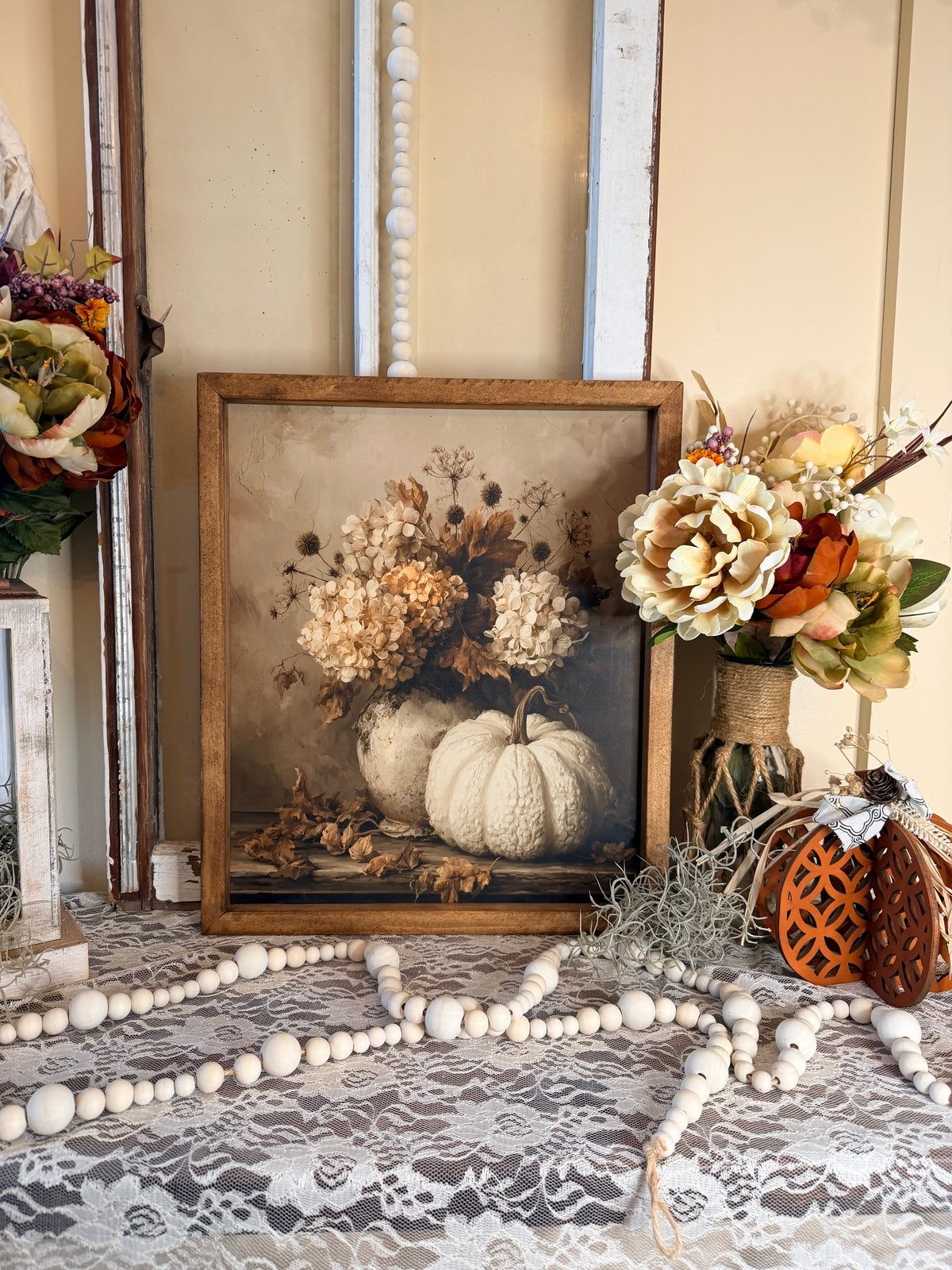Handmade Wood Framed Fall Botanical Canvas Wall Art | Vintage Autumn Floral & Pumpkin Farmhouse Decor