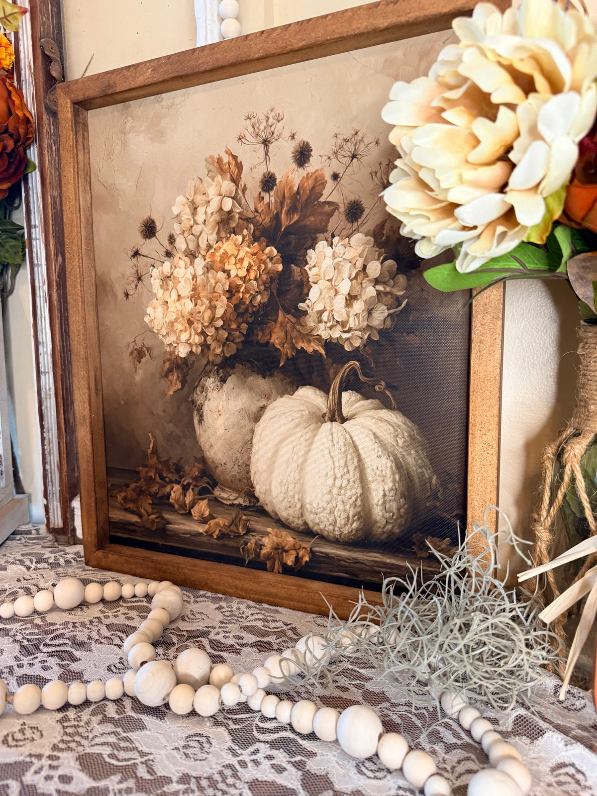 Handmade Wood Framed Fall Botanical Canvas Wall Art | Vintage Autumn Floral & Pumpkin Farmhouse Decor