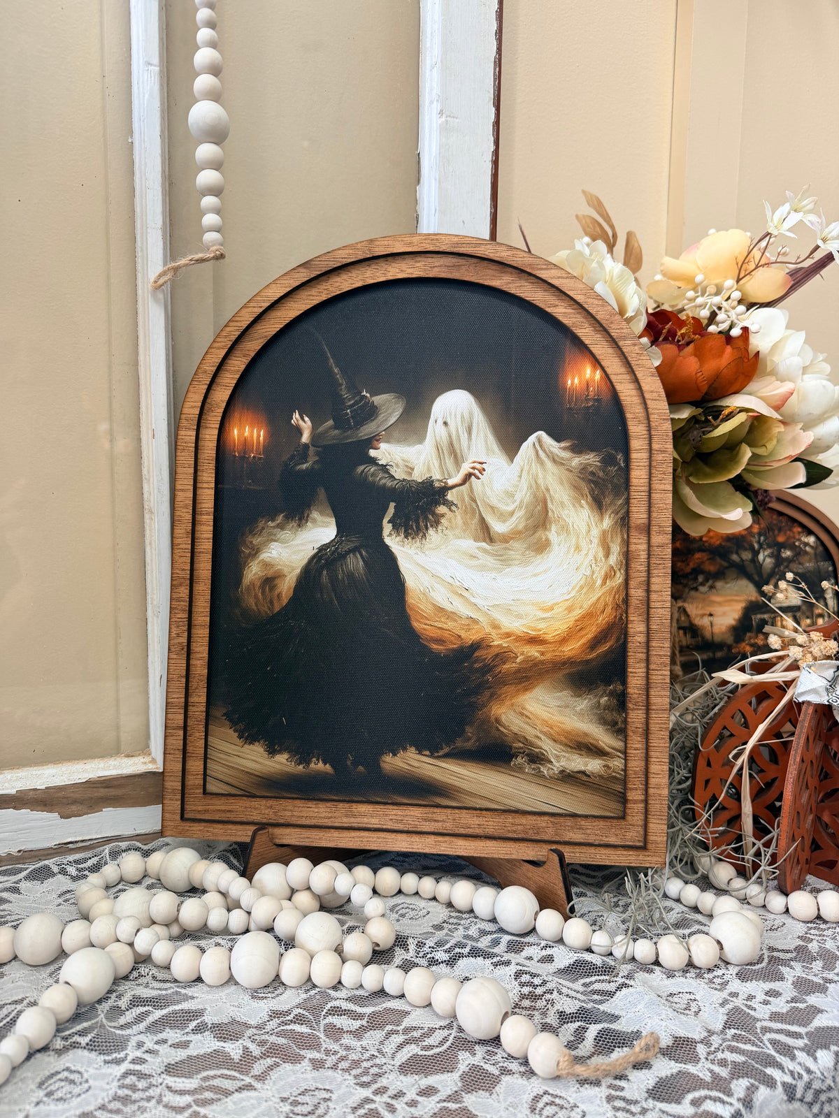 Wooden Arch Framed Halloween Dancing Witch and Ghost Canvas Home Accent