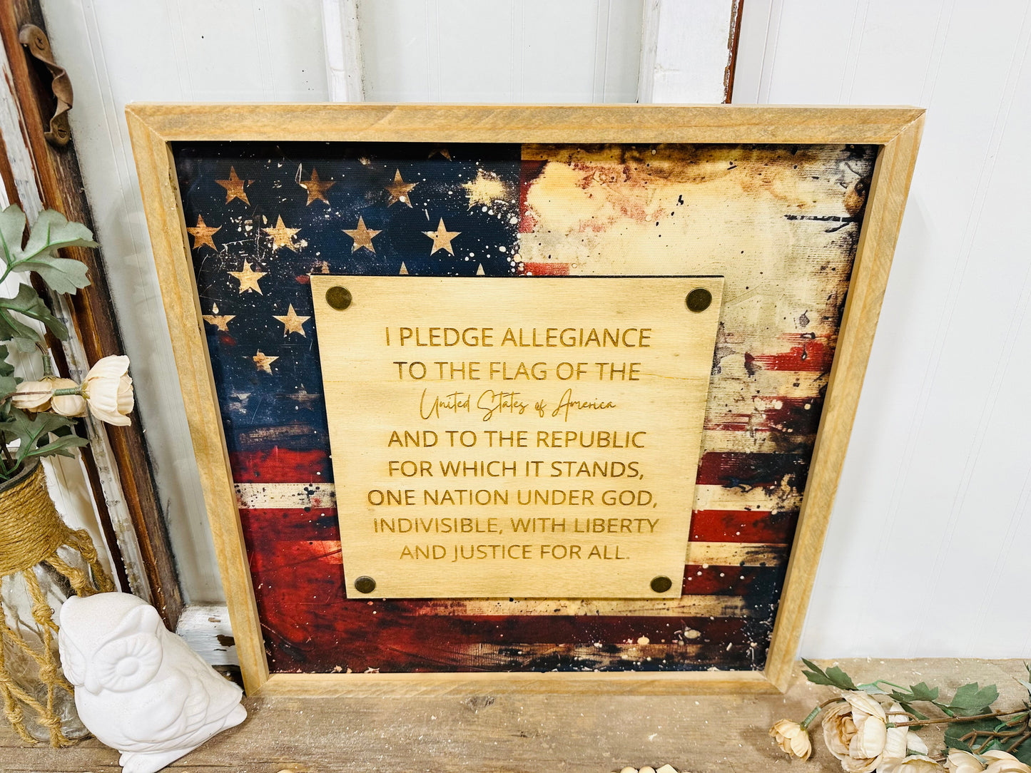 I Pledge of Allegiance distressed American flag framed canvas sign