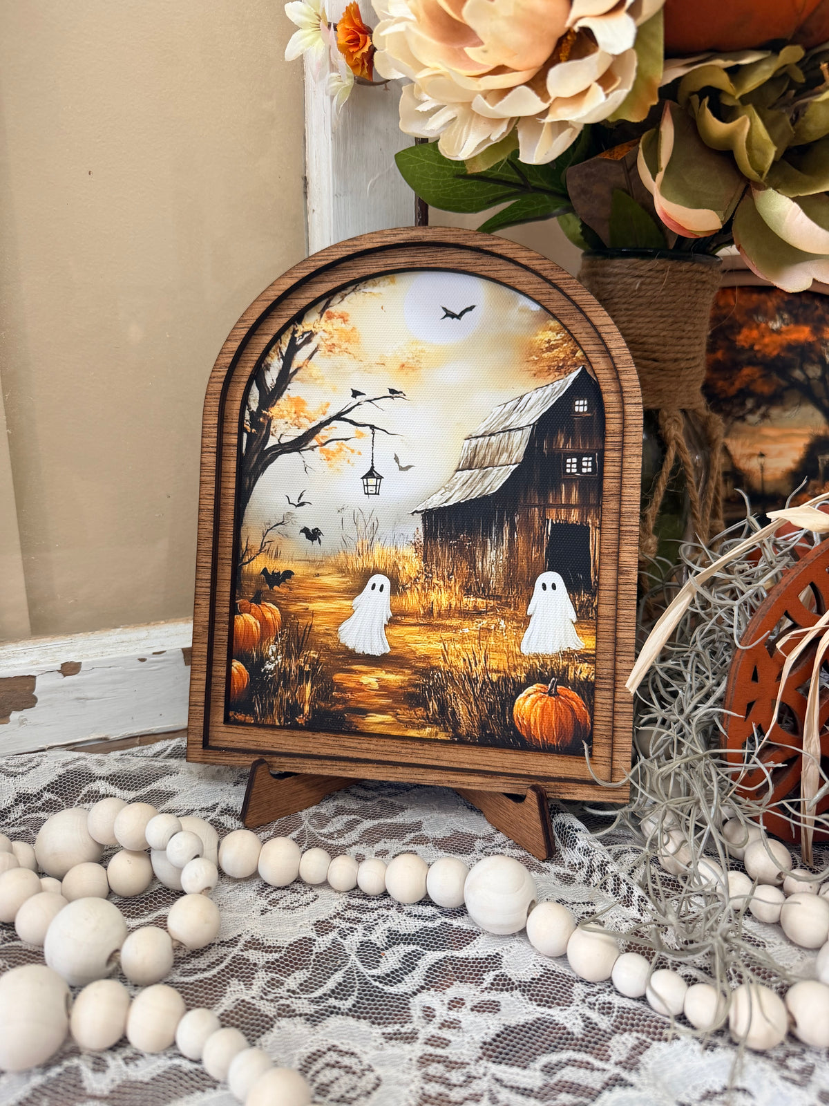Wooden Arch Framed Halloween Haunted Barn Canvas Home Accent Decor