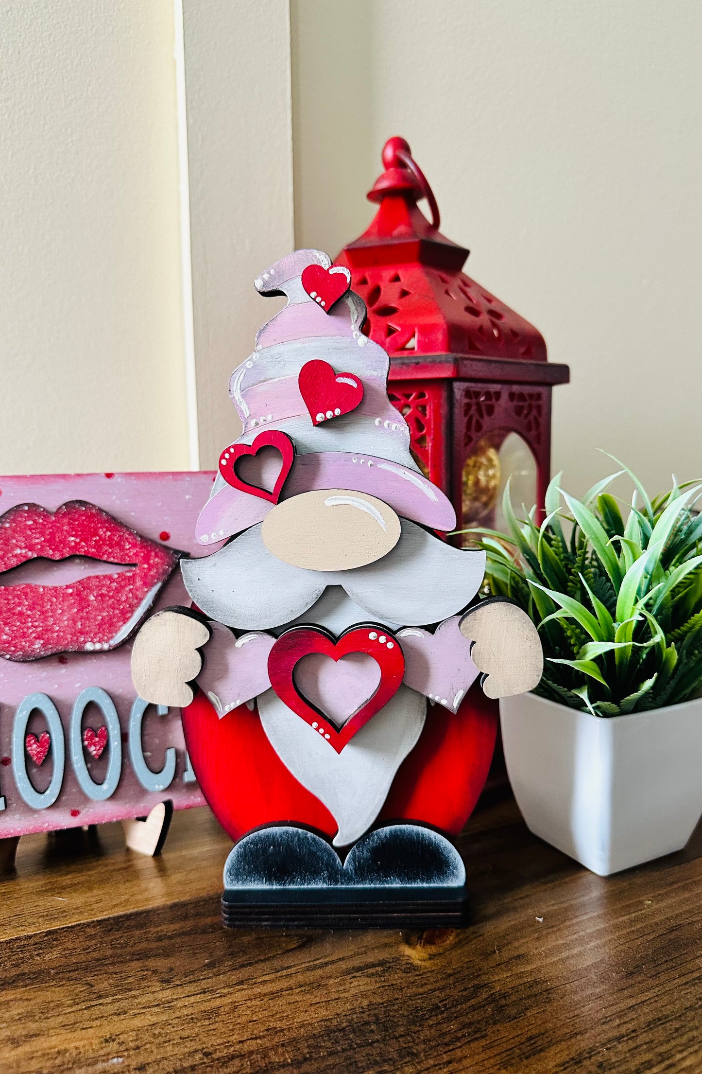 Hand painted wooden Valentine’s Day gnome