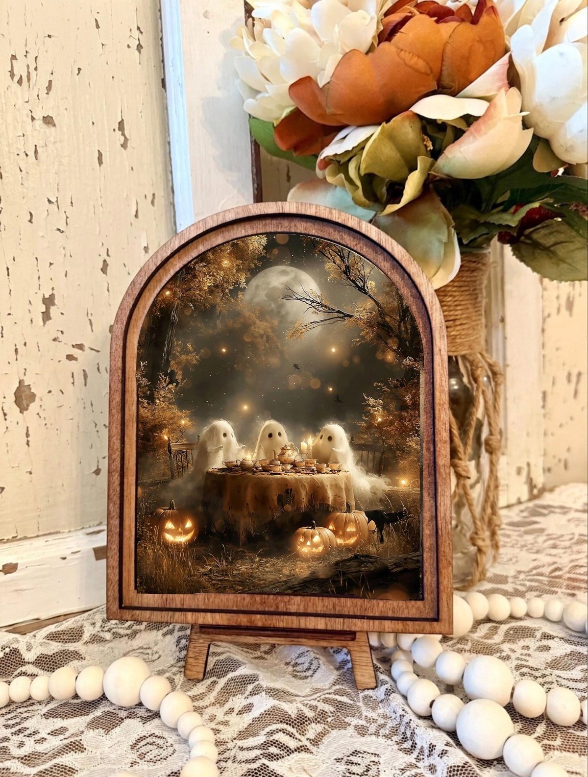 Wooden Arch Framed Halloween Ghostly Tea Party Canvas Home Accent Decor