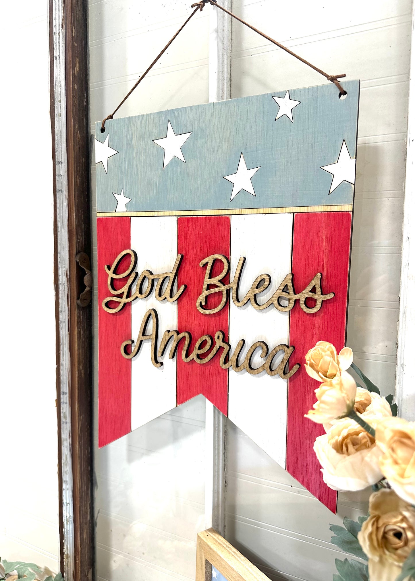 God bless America patriotic wood pendent decor sign