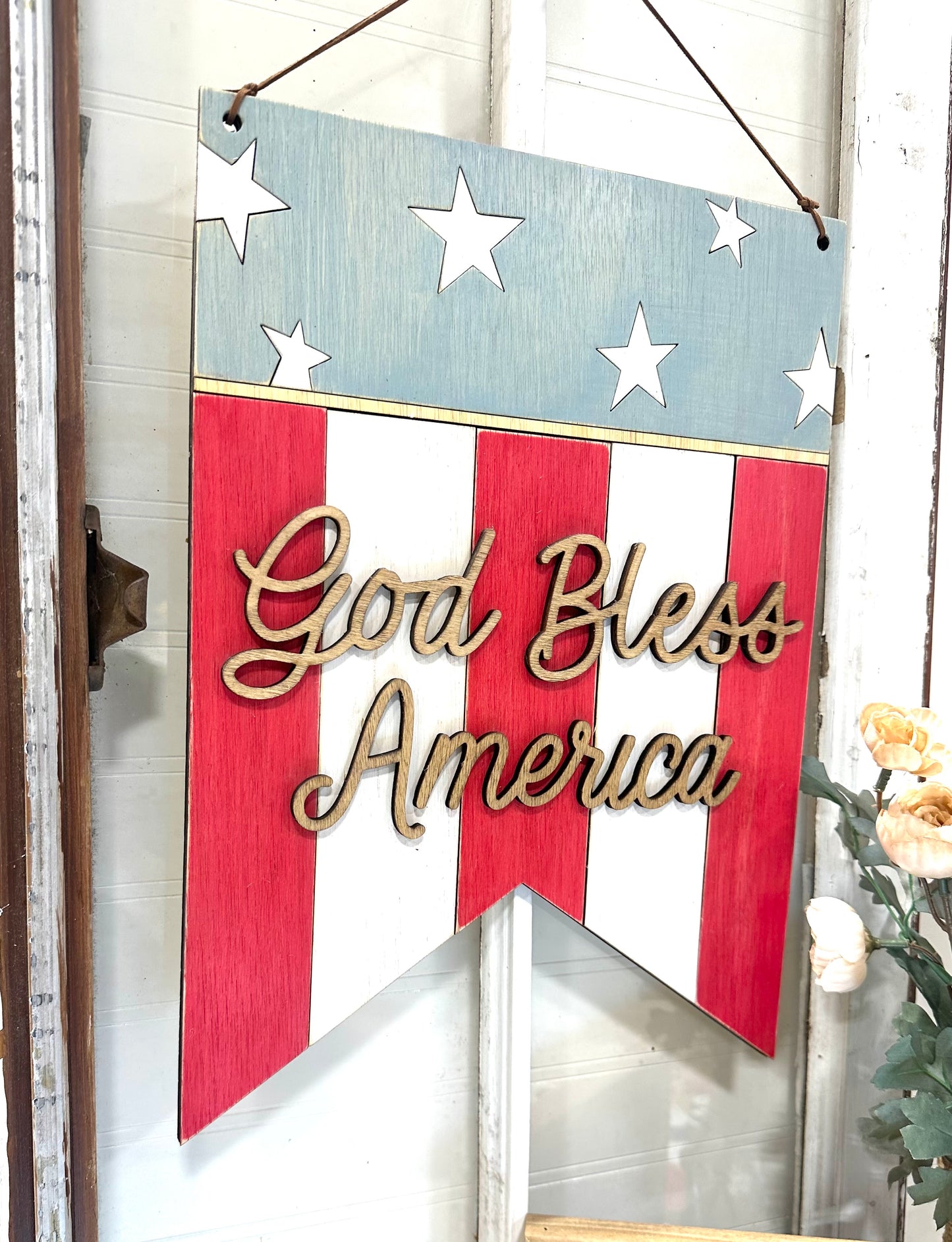 God bless America patriotic wood pendent decor sign