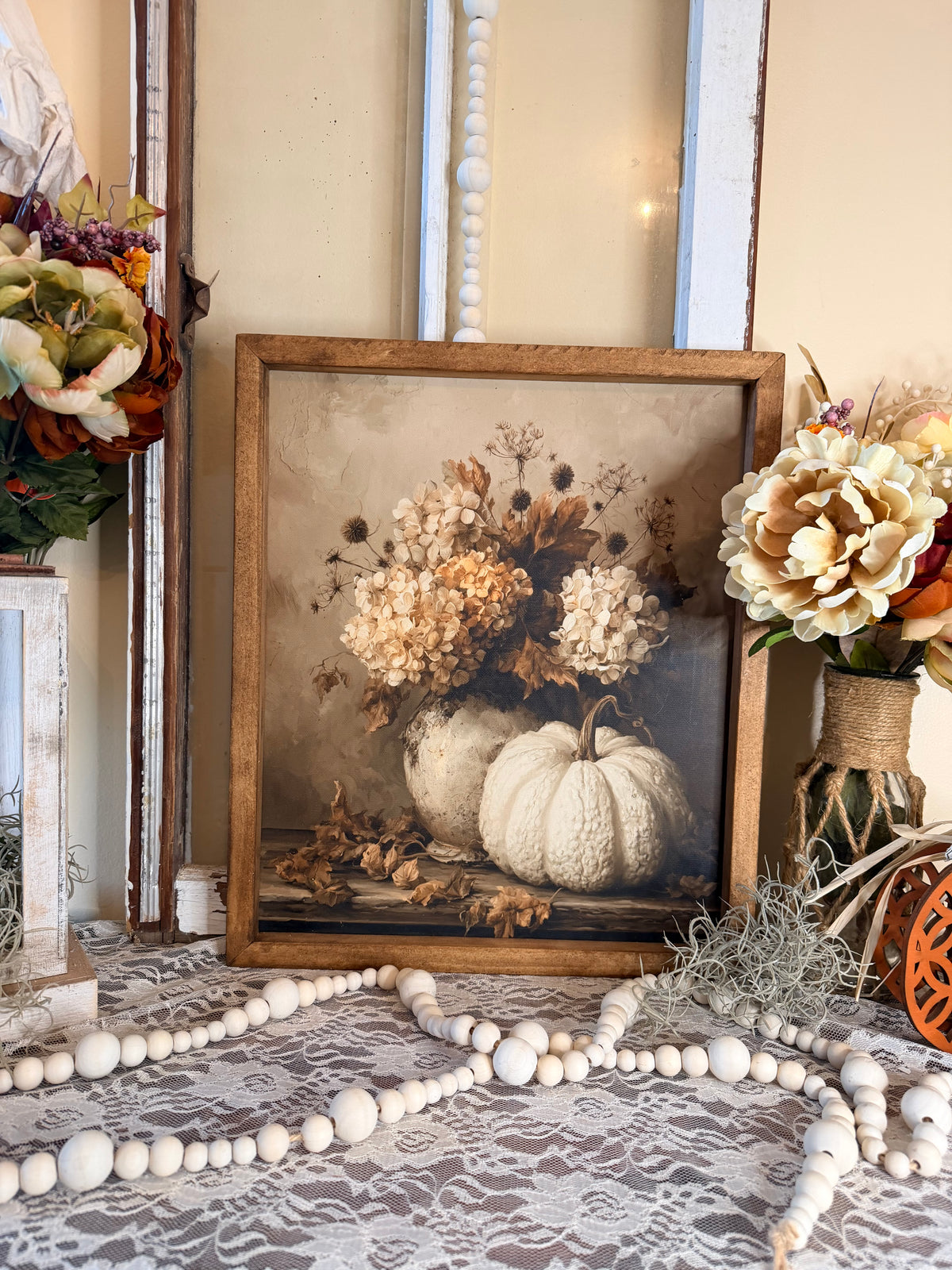 Handmade Wood Framed Fall Botanical Canvas Wall Art | Vintage Autumn Floral & Pumpkin Farmhouse Decor