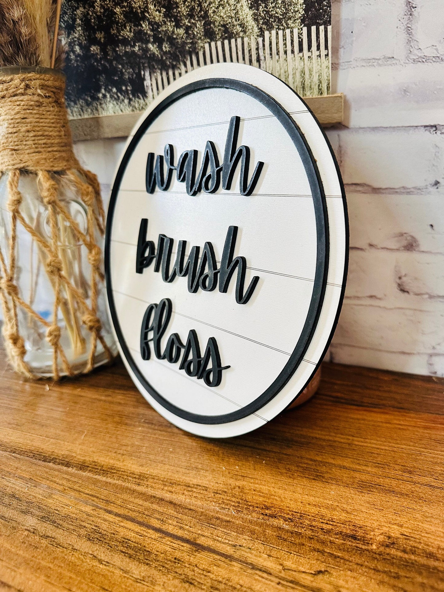 Wash brush floss mini bathroom shelf sign cute farmhouse bath decor half bathroom decor