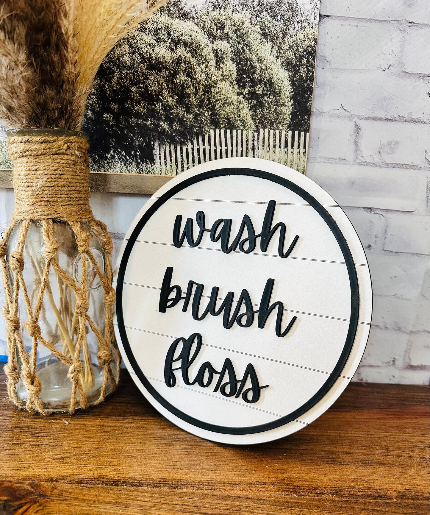 Wash brush floss mini bathroom shelf sign cute farmhouse bath decor half bathroom decor