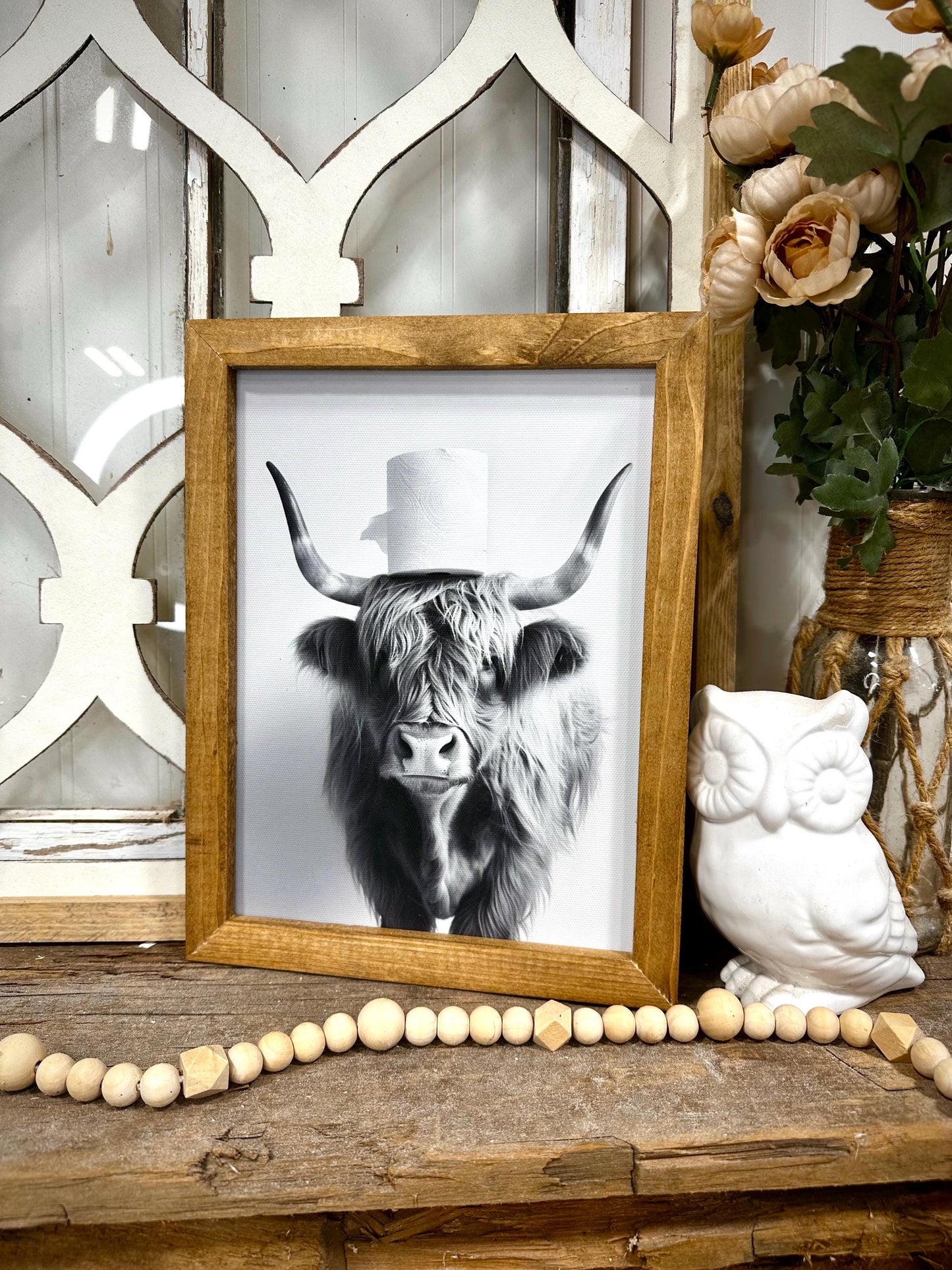 Funny Highland Cow Bathroom Art, Wood Framed Canvas Print