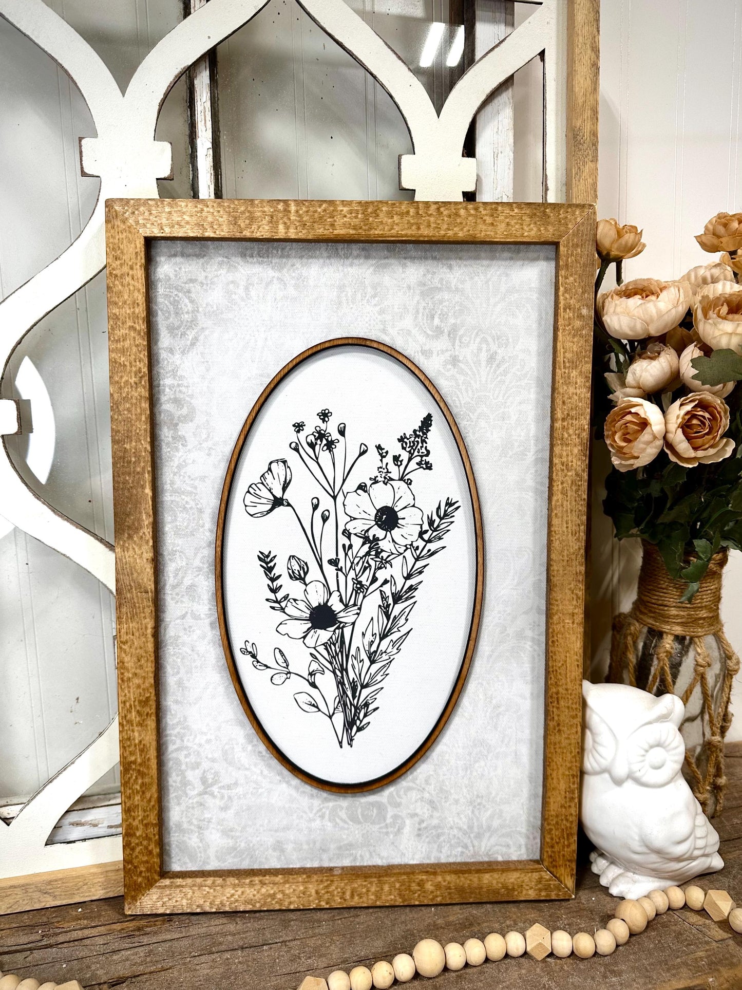 Boho farmhouse wood framed wall art, neutral home decor, floral living room and wall decor