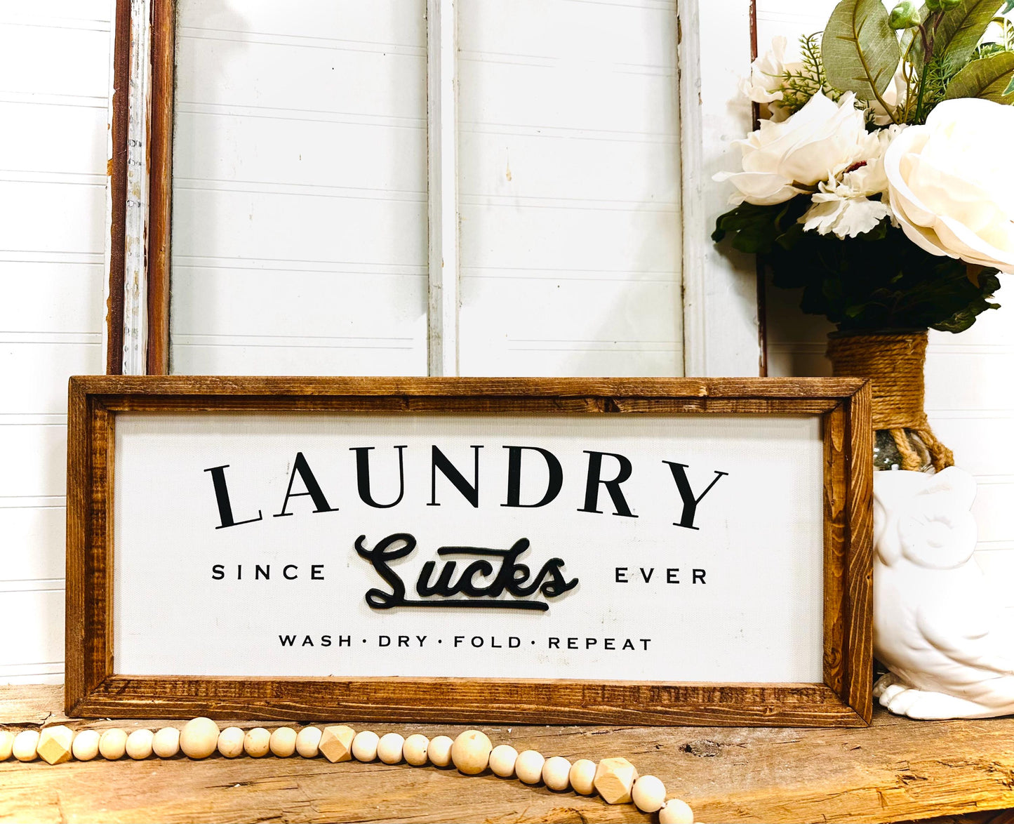 Laundry Sign | "Laundry Sucks Since Forever" Wood Framed Wall Art | Country Farmhouse Decor for Laundry Room